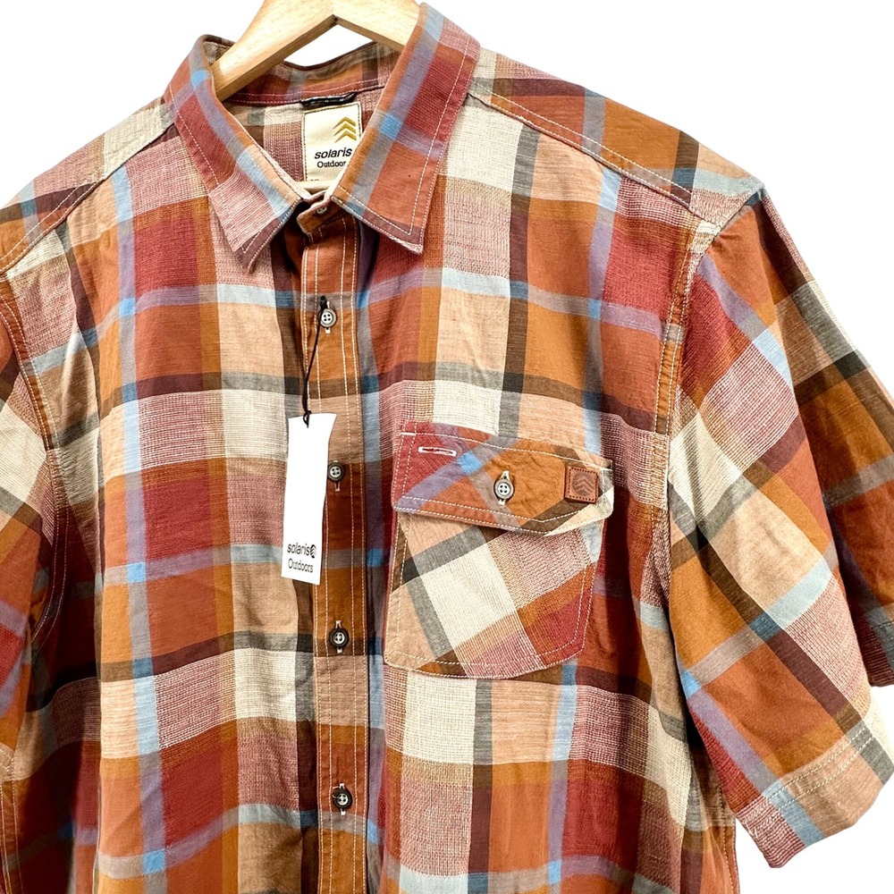 NWT Solaris Outdoors Mens XL Short Sleeve Plaid Button Down Shirt Rust S25WL955